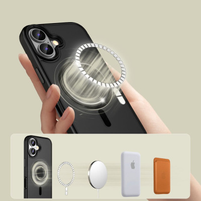 Czarne matowe etui Tech-Protect MagMat z MagSafe do iPhone 16, prezentujące wyspę aparatów, pierścień magnetyczny oraz widok telefonu z przodu i z tyłu.