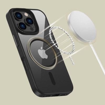 Etui Tech-Protect MagMat do iPhone 16 Pro w kolorze czarnym z przezroczystymi pleckami, prezentujące magnetyczny pierścień MagSafe oraz ładowarkę indukcyjną.