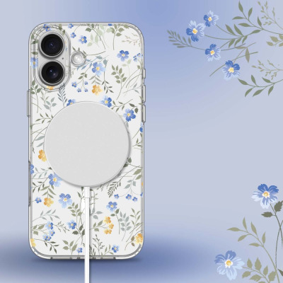 Przezroczyste etui Tech-Protect MagMood do iPhone 16 z motywem wiosennych kwiatów, z widocznym magnetycznym pierścieniem MagSafe na pleckach i wyspą aparatów.