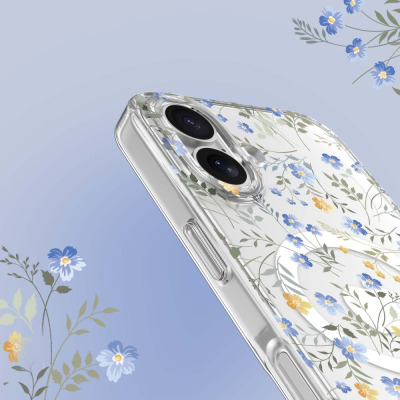 Przezroczyste etui Tech-Protect MagMood z motywem kwiatów na iPhone 16, ukazujące wyspę aparatów, boczne przyciski oraz magnetyczny pierścień MagSafe.