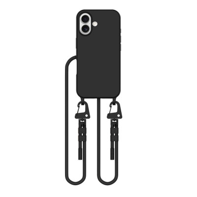 Czarne etui Tech-Protect MagNecklace do iPhone 16 z magnetycznym pierścieniem MagSafe, wyposażone w odpinaną smycz z karabińczykami na dolnych zaczepach.