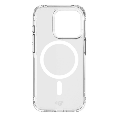 Przezroczyste etui Tech21 Evo Clear z wbudowanym pierścieniem MagSafe do iPhone 15 Pro, widok na plecki z wycięciem na aparat i logo producenta na dole.