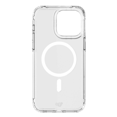Przezroczyste etui Tech21 Evo Clear z wbudowanym pierścieniem MagSafe do iPhone 15 Pro Max, widok na plecki z wycięciem na wyspę aparatów i logo producenta.