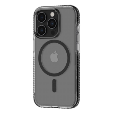Przezroczyste etui Tech21 Evo z czarną ramką do iPhone 15 Pro Max, ukazujące tylny panel z wyraźnym pierścieniem magnetycznym MagSafe oraz wyspą aparatów.