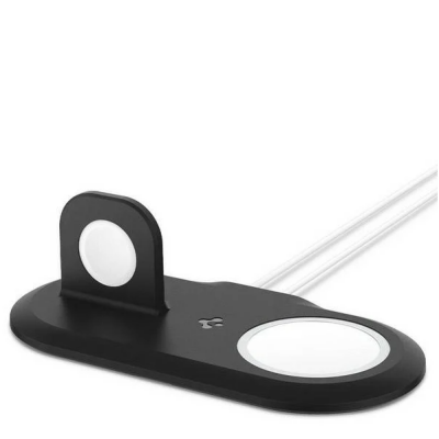 Czarna stacja dokująca Spigen do Apple Watch oraz iPhone z dwoma białymi polami ładowania, w tym jednym w pozycji pionowej na podstawce, widok z boku.