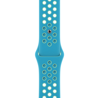 Silikonowy pasek Apple do zegarka Apple Watch w kolorze Chlorine Blue z kontrastującymi otworami w odcieniu Green Glow oraz metalowym zapięciem typu pin.