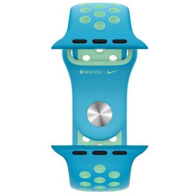 Silikonowy pasek Apple Nike do zegarka Apple Watch w kolorze Chlorine Blue i Green Glow z perforacją, widoczne logo Apple Watch Nike oraz metalowe zapięcie.