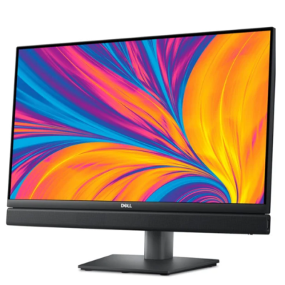 Komputer All-in-One Dell OptiPlex 7420 z ekranem wyświetlającym abstrakcyjną grafikę w żywych kolorach, widoczny od przodu zintegrowany panel głośnikowy pod