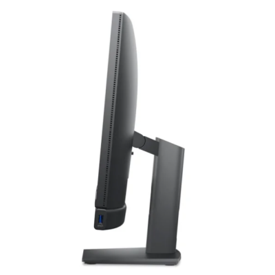 Widok z profilu komputera All-in-One Dell OptiPlex 7420 24 w kolorze czarnym, prezentujący regulowaną podstawę oraz widoczny port USB na dolnej krawędzi.