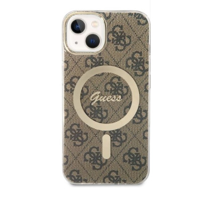 Etui Guess 4G Gold Brown do iPhone 14 z wbudowanym pierścieniem MagSafe w kolorze złotym, ozdobione charakterystycznym brązowym wzorem z logo marki.
