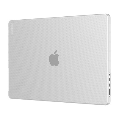 Przezroczysta obudowa Incase Hardshell Case z charakterystyczną kropkowaną fakturą na laptopie Apple MacBook Pro 16 cali 2021, widok na prawy bok z portami.