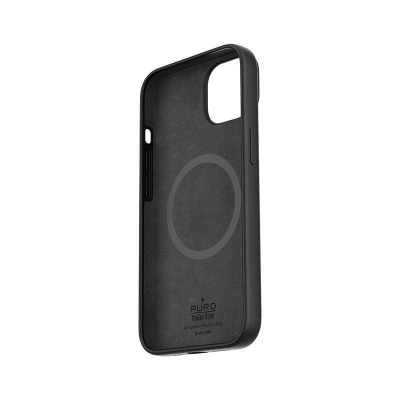 Czarne etui PURO ICON Mag Cover do iPhone 13 i 14 z widocznym wnętrzem, pierścieniem magnetycznym oraz nadrukiem marki PURO Italian Style na spodzie.