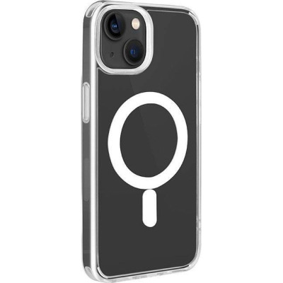 Przeźroczyste etui PURO Litemag do iPhone 13 i 14 z widocznym białym pierścieniem magnetycznym MagSafe na pleckach oraz wycięciem na wyspę aparatów.