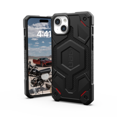 Czarne etui UAG Monarch Pro z wykończeniem z kevlaru do iPhone 15 Plus i 14 Plus, widok na plecki z charakterystyczną wyspą aparatów oraz logo marki.