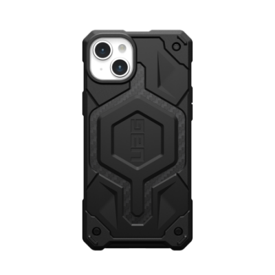Czarne etui UAG Monarch Pro z włóknem węglowym do iPhone 15 Plus i 14 Plus, widok na plecki z charakterystycznym sześciokątnym wzorem i logo UAG.