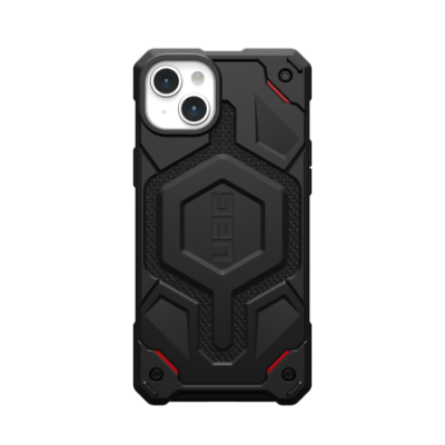 Czarne etui UAG Monarch Pro z wykończeniem z kevlaru do iPhone 15 Plus i 14 Plus, widok na plecki z charakterystyczną wyspą aparatów oraz logo marki.
