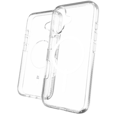 Przezroczyste etui ZAGG Crystal Palace Snap do iPhone 16 z widocznym magnetycznym pierścieniem MagSafe oraz wycięciem na podwójny aparat z lampą błyskową.