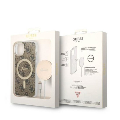 Etui do iPhone 14 Magsafe i ładowarka Guess Charger 4G Gold Brown