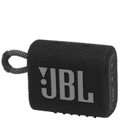 Przenośny głośnik JBL GO 3 w kolorze czarnym z charakterystyczną pętlą do zawieszania, widoczne logo JBL na froncie oraz przyciski sterujące na górze.