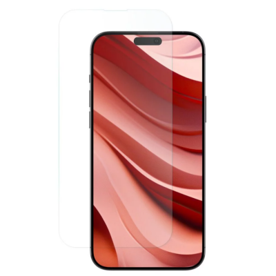 Przezroczyste szkło hartowane JCPAL iClara do iPhone 16, ukazane w formie nakładki ochronnej nad smartfonem z czerwoną, abstrakcyjną tapetą na wyświetlaczu.