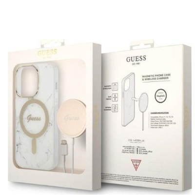 Etui do iPhone 14 Pro Max Guess 4G Gold White Magsafe + Charger - białe