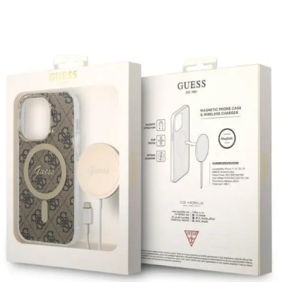 Etui do iPhone 14 Pro Max Guess 4G Gold Brown Magsafe + Charger - brązowe