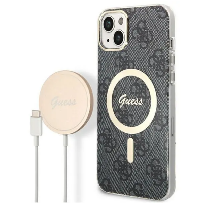 Etui do iPhone 14 Guess 4G Gold Black Magsafe + Charger - czarne