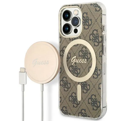 Etui do iPhone 13 Pro Guess 4G Gold Brown Magsafe + Charger - brązowe