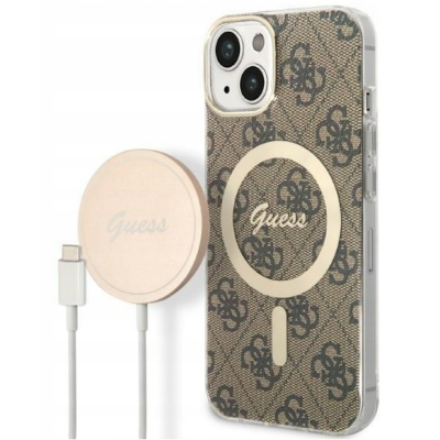 Etui do iPhone 14 Guess 4G Gold Brown Magsafe + Charger - brązowe