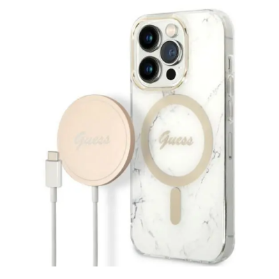 Etui do iPhone 14 Pro Guess 4G Gold White Magsafe plus Charger - biełe