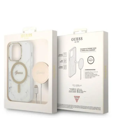 Etui do iPhone 14 Pro Guess 4G Gold White Magsafe plus Charger - biełe