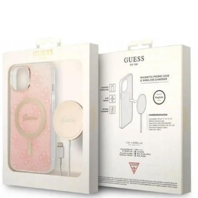 Etui do iPhone 14 Guess 4G Gold Pink Magsafe + Charger - różowe