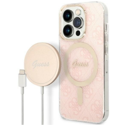 Etui do iPhone 14 Pro Guess 4G Gold Pink Magsafe + Charger - różowe