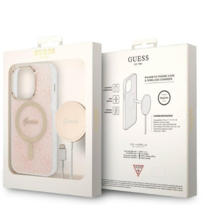 Etui do iPhone 14 Pro Guess 4G Gold Pink Magsafe + Charger - różowe