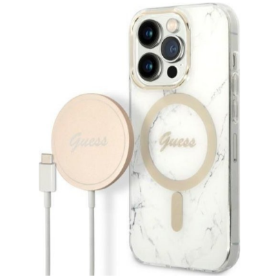 Etui do iPhone 14 Pro Max Guess 4G Gold White Magsafe + Charger - białe