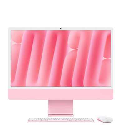 Różowy komputer Apple iMac 24 z wyświetlaczem 4,5K Retina, widoczny od frontu wraz z dopasowaną kolorystycznie klawiaturą Magic Keyboard oraz myszą Magic Mouse.