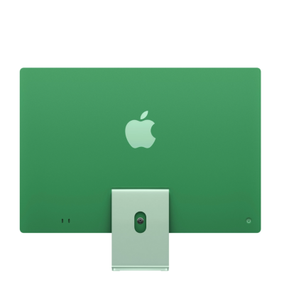 Apple iMac 24 z wyświetlaczem 4,5K Retina w kolorze zielonym, widoczny od frontu wraz z dopasowaną kolorystycznie klawiaturą Magic Keyboard i myszą.