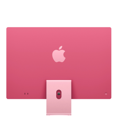 Różowy komputer Apple iMac 24 z wyświetlaczem 4,5K Retina, widoczny od frontu wraz z dopasowaną kolorystycznie klawiaturą Magic Keyboard oraz myszą Magic Mouse.