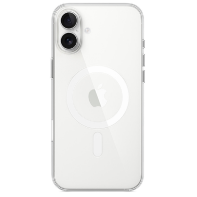 Przezroczyste etui Apple MagSafe do iPhone 16 Plus, widok na tylny panel z charakterystycznym okręgiem ładowania oraz pionowym układem podwójnego aparatu.