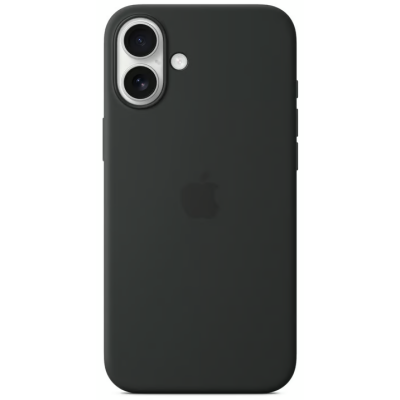 Czarne silikonowe etui Apple MagSafe do iPhone 16 Plus z widoczną wyspą aparatów o niebieskich obwódkach oraz logo Apple na środku tylnego panelu.