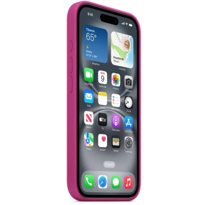 Fuksjowe etui silikonowe Apple MagSafe do iPhone 16 z widoczną na pleckach wyspą aparatów o niebieskim obramowaniu oraz wytłoczonym logo producenta.