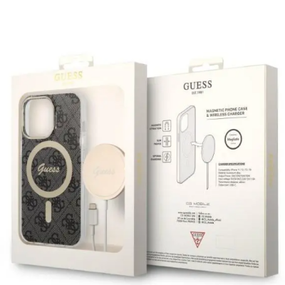 Czarne etui Guess 4G z logo marki do iPhone 14 Pro, wyposażone w złoty pierścień MagSafe, obok którego znajduje się dopasowana ładowarka bezprzewodowa.