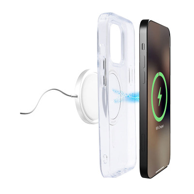 Przezroczyste etui PURO Litemag do iPhone 14 Pro z magnetycznym pierścieniem MagSafe, ustawione obok smartfona z widoczną ikoną ładowania na ekranie.