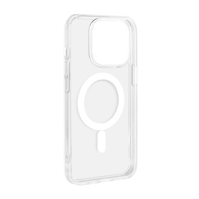 Przezroczyste etui PURO Litemag do iPhone 14 Pro z widocznym magnetycznym pierścieniem MagSafe na pleckach oraz wycięciem na wyspę aparatów, ujęcie z boku.