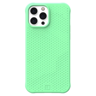 Miętowe etui UAG Dot do iPhone 13 Pro Max z charakterystyczną kropkowaną fakturą na pleckach oraz wycięciem na potrójny aparat z logo marki u dołu.