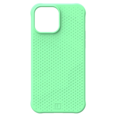 Miętowe etui UAG Dot do iPhone 13 Pro Max z charakterystyczną kropkowaną fakturą na pleckach oraz wycięciem na wyspę aparatów i logo marki u dołu.