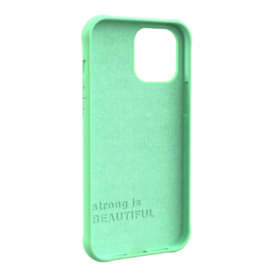 Miętowe etui UAG Dot do iPhone 13 Pro Max z charakterystyczną kropkowaną fakturą na pleckach oraz wycięciem na wyspę aparatów i logo marki u dołu.