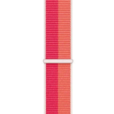 Dwukolorowa opaska sportowa Apple do zegarka Apple Watch w odcieniach Lavender Nectarine i Pelony z widoczną metalową klamrą łączącą dwa pasy materiału.