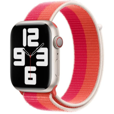 Dwukolorowa opaska sportowa Apple do zegarka Apple Watch w odcieniach Lavender Nectarine i Pelony z widoczną metalową klamrą łączącą dwa pasy materiału.