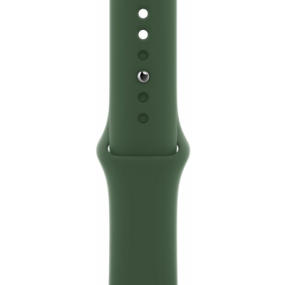Silikonowy pasek Apple do zegarka Apple Watch w kolorze koniczyny, widoczny od strony wewnętrznej z metalowym pinem zapięcia oraz otworami regulacyjnymi.
